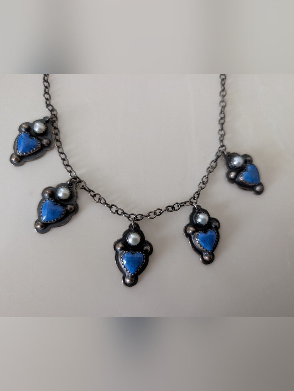 Southwestern Lapis Heart, Pearl Sterling Necklace 19 In Signed Miki, Heart Clasp